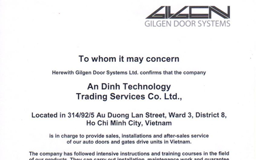 Giấy ủy quyền nhà phân phối độc quyền thương hiệu cửa tự động GILGEN- Thụy Sĩ giữa công ty An Định và công ty Gilgen, Thụy Sĩ.